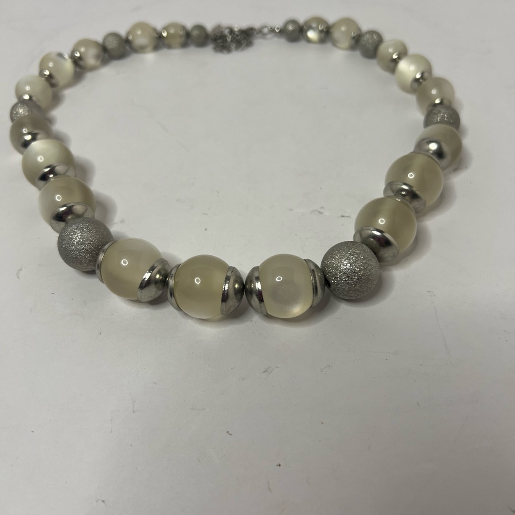 Coldwater Creek Silver & Opaque White Clear Stone Chunky Necklace